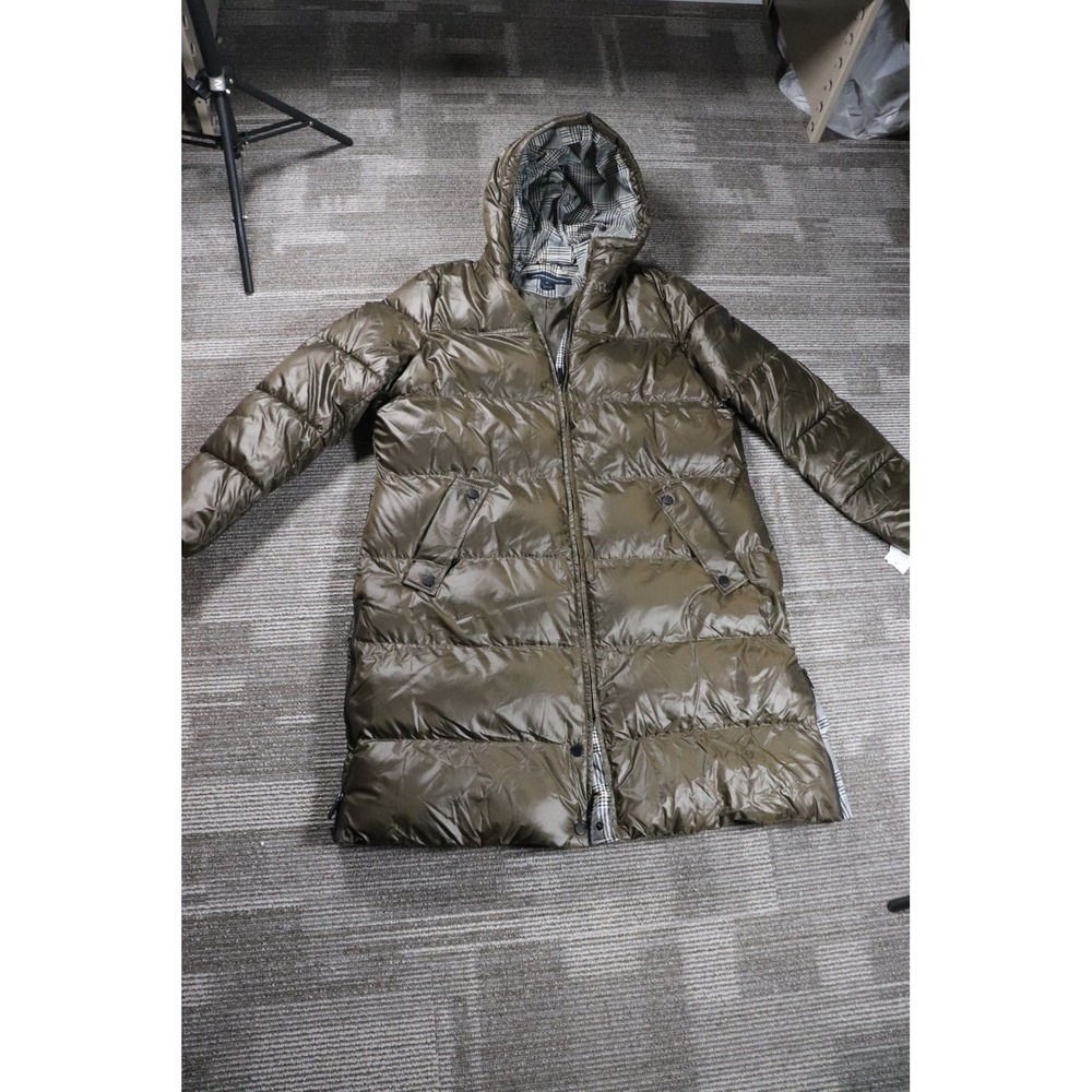 French Connection Womens Olive Longline Puffer Coat Plaid Hood F20226 XL NEW
